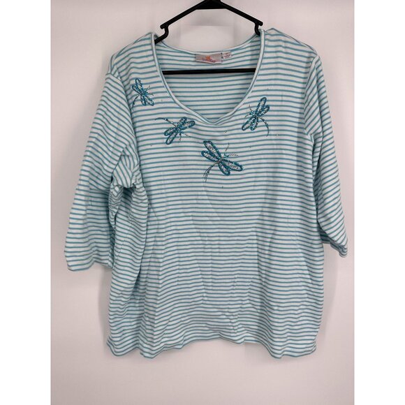Quacker Factory Women's Top Dragonfly Sequins Teal Stripe Size 1X - Picture 1 of 3